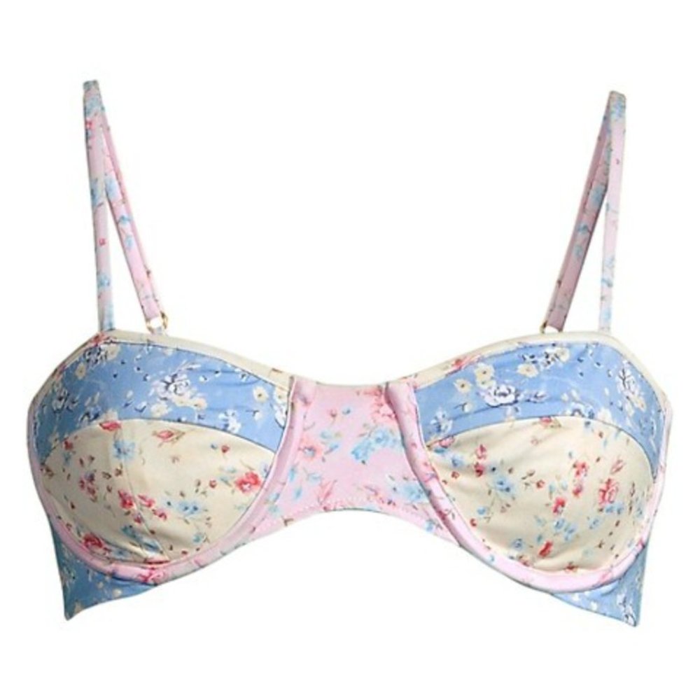 LoveShackFancy Floral Bikini Top in Blue and Pink